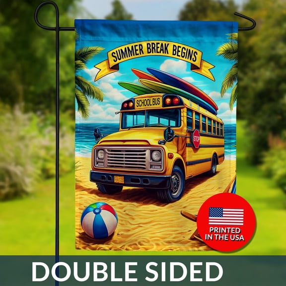 Summer Break School Bus Flag Tropical Beach Vacation Decor