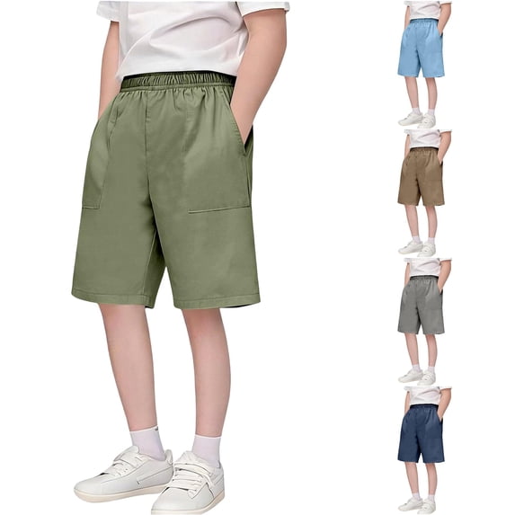Summer Breathable Ice‑Silk Children Knee‑Length Casual Shorts, Stretchy Elastic Waist Side Pocket Solid‑Color Outdoor Sports Shorts for Boys and Girls 4‑16Y