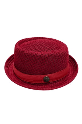 Summer Breathable Mesh Pork Pie Hat,Cool Mesh Pork Pie Hat with Matching Ribbon & Emblem,for Beach, Parties & Daily Wear Red