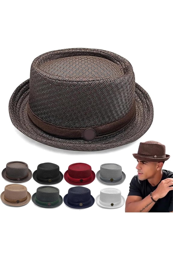 Summer Breathable Mesh Pork Pie Hat, Lightweight Fedora Bowler Hat Classic Straw Sun Hat for Men, Beach Travel Party