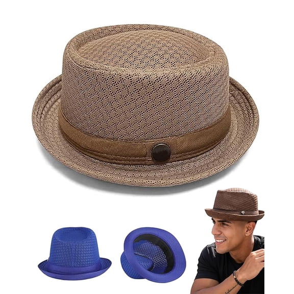 Summer Breathable Mesh Pork Pie Hat, Lightweight Straw Fedora Bowler Sun Hat for Men, Packable Crushable Beach Travel Hat
