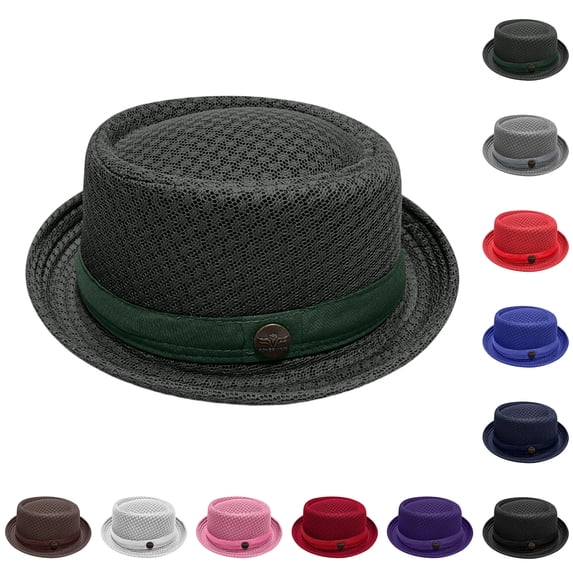 Summer Breathable Mesh Pork Pie Hat, Lightweight Straw Fedora Bowler Sun Hat for Men Women, Packable Crushable Beach Travel Hat,Army Green