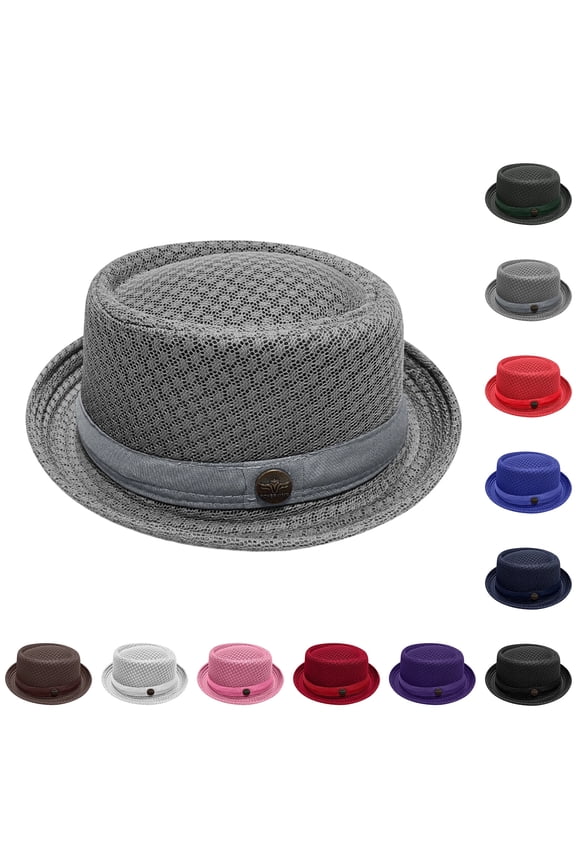 Summer Breathable Mesh Pork Pie Hat, Lightweight Straw Fedora Bowler Sun Hat for Men Women, Packable Crushable Beach Travel Hat,Gray