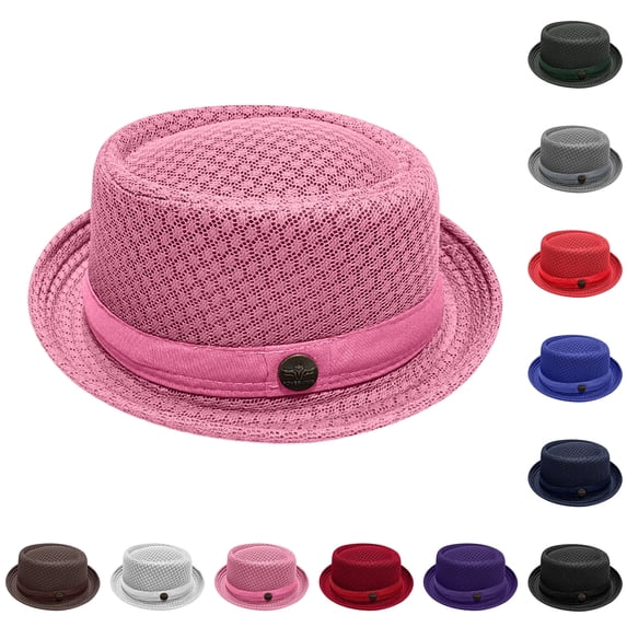 Summer Breathable Mesh Pork Pie Hat, Lightweight Straw Fedora Bowler Sun Hat for Men Women, Packable Crushable Beach Travel Hat,Pink