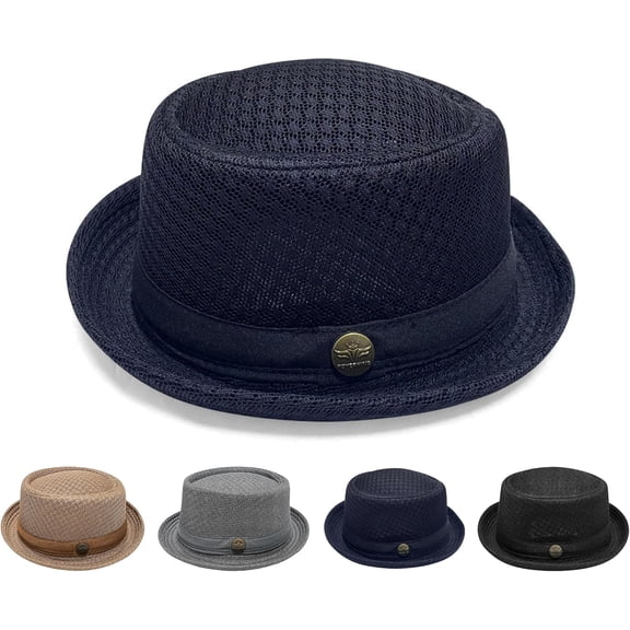 Summer Breathable Mesh Pork Pie Hat, Retro Lightweight Straw Fedora, Foldable Sun Protection Cap for Beach, Travel & Golf