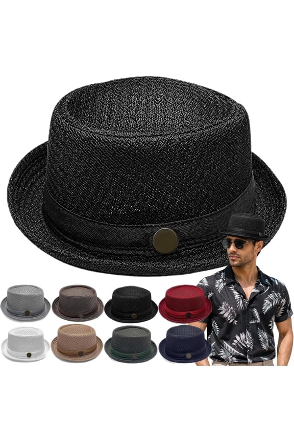 Summer Breathable Mesh Pork Pie Hat,Retro Straw Breathable Sun Protection Cap,Lightweight Fedora Bowler Hat