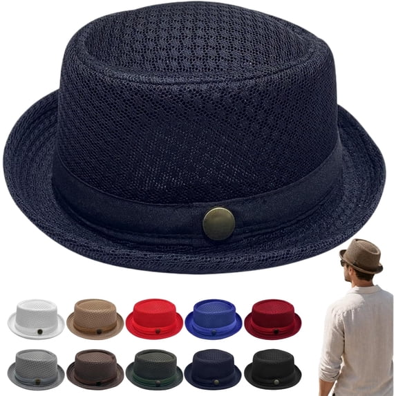 Summer Breathable Mesh Pork Pie Hat,Retro Straw Breathable Sun Protection Cap,Lightweight Fedora Bowler Hat