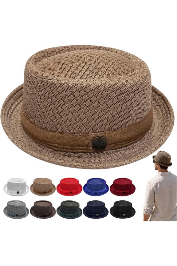 Summer Breathable Mesh Pork Pie Hat,Retro Straw Breathable Sun Protection Cap,Lightweight Fedora Bowler Hat
