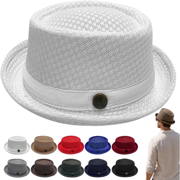 Summer Breathable Mesh Pork Pie Hat,Retro Straw Breathable Sun Protection Cap,Lightweight Fedora Bowler Hat