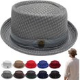 thumbnail image 1 of Summer Breathable Mesh Pork Pie Hat,Retro Straw Breathable Sun Protection Cap,Lightweight Fedora Bowler Hat, 1 of 7