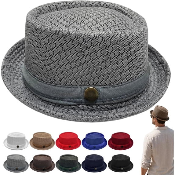 Summer Breathable Mesh Pork Pie Hat,Retro Straw Breathable Sun Protection Cap,Lightweight Fedora Bowler Hat