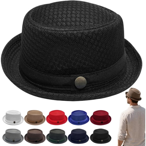 Summer Breathable Mesh Pork Pie Hat,Retro Straw Breathable Sun Protection Cap,Lightweight Fedora Bowler Hat