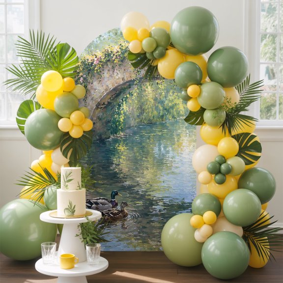 Summer Bridge Arch Backdrop Cover, 4FT, Country Pastoral River Duck Pink Rose Green Leaf Spandex Arch Covers Double-Sided Backdrop for Wedding Birthday Party Photo Background Decoration