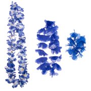 Summer Bright Luau Color Themed Hawaiian Flower 3pc Fabric Lei Set, Blue