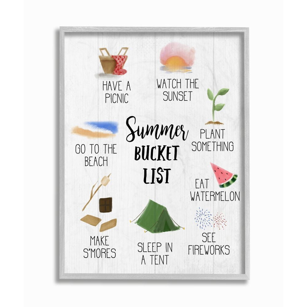 Summer Bucket List Seasonal Items Food Word Design Gray Farmhouse Rustic Framed Giclee Texturized Art by Daphne Polselli
