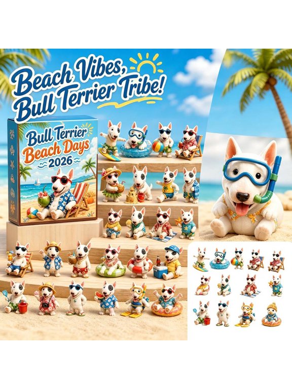 Summer Bull Terrier Beach Days Advent Calendar, 24 Pcs 2D Acrylic Dog Ornaments, 10.2x7.1in, Tropical Vacation Gift for Dog Lovers