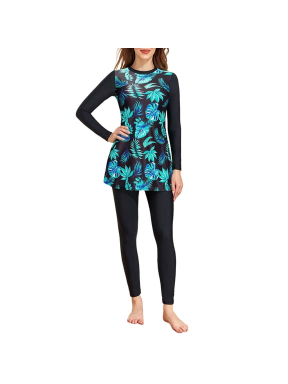 Summer for Women Leaf Print Long Sleeve Two Piece Set with Full Length Pants Modest Swimsuit BU1 L