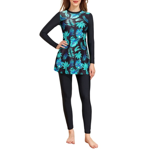 Summer for Women Leaf Print Long Sleeve Two Piece Set with Full Length Pants Modest Swimsuit BU1 S