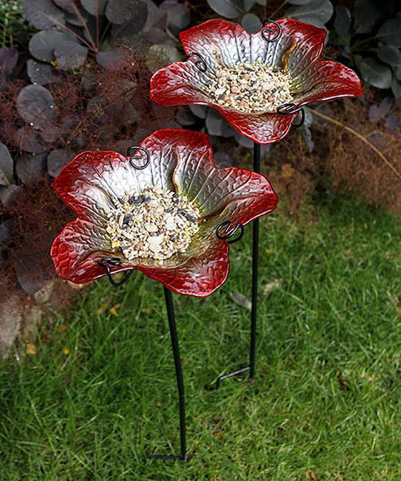 Summer Burst Red and Yellow Glass Bird Baths with Stakes, Set of 2
