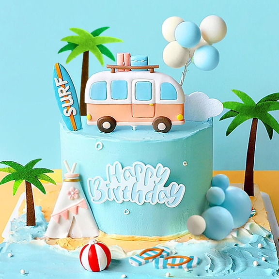 Summer Bus Surfing Theme Cake Decorations Set - Beach & Road Trip Party Supplies for Birthday, Outdoor Gatherings