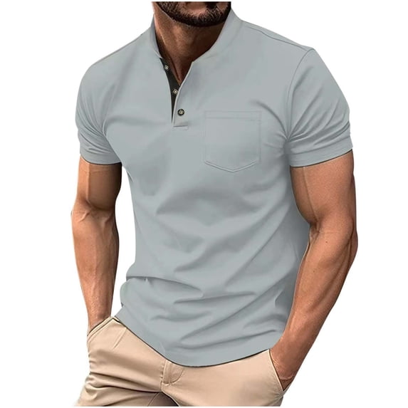 Summer Business Shirts for Mens Fashion Plus Size Solid Color Button Pocket Short Sleeve Stand-up Collar Blouse
