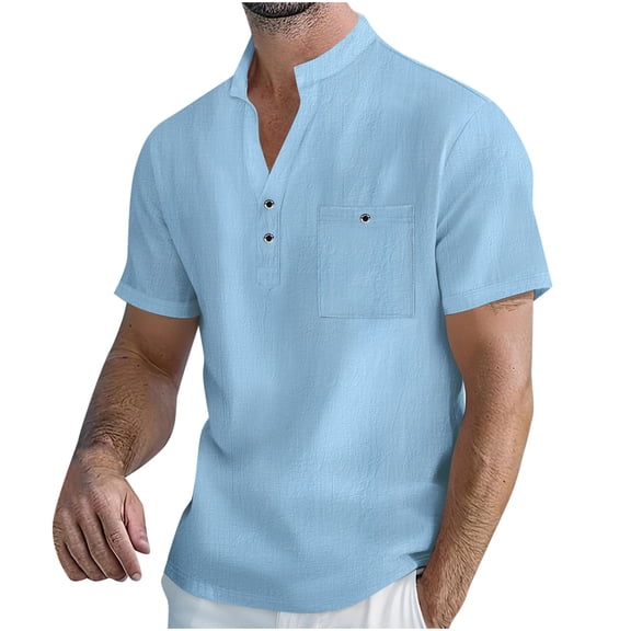 Summer Business Shirts for Mens Fashion Plus Size Solid Color Casual Fashion Button Stand Collar Short Sleeve Pockets Blouse Shirt