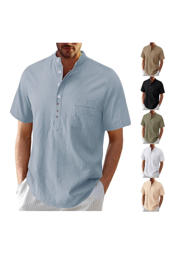 Summer Business Shirts for Mens Fashion Plus Size Summer Solid Color Casual Button Stand Collar Pocket Short Sleeve Turndown Collar Blouse Shirt