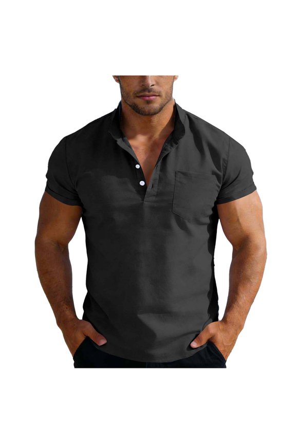 Summer Button Henley Shirts for Men Short Sleeve Cotton Linen Beach Shirt Lightweight Loose Casual Vacation Blouse Top with Pocket