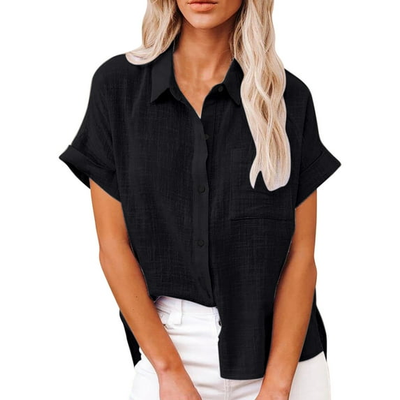 Summer Button Up Shirts for Women Casual Short Sleeve Plain Lapel Neck Blouse Work Office Tee Tops
