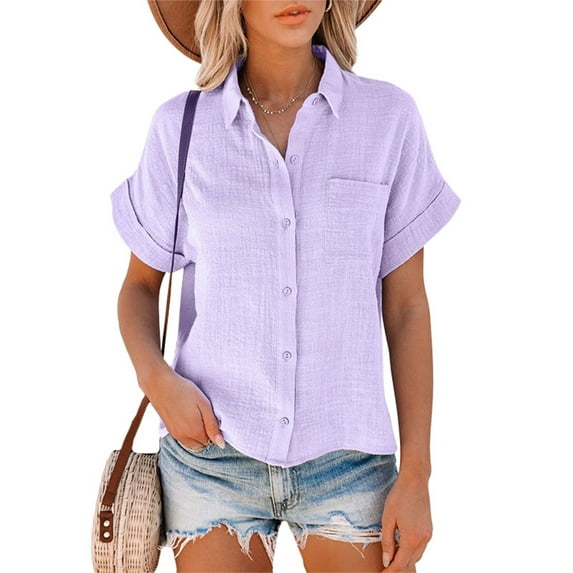 Women Cotton Linen Blouse Summer Solid Color Short Sleeve Lapel Neck Button Up Shirt Casual Tops With Pocket