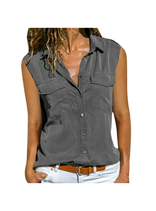 FAFWYP Womens Solid Sleeveless Button Down Office Shirts with Pockets  Casual Summer Lapel Collar Tank Tops Business V Neck Slim Fit Work  Blouse(Gray,M) 