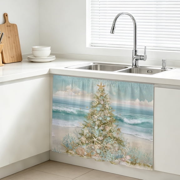 Summer Cabinet Curtains for Kitchen 10"W x 11"L, Ocean Theme Xmas Tree Starfish Corals Shells Beaches Under Sink Skirt Magic Tape Short Curtain Decorative Privacy Panel for Bathroom Laundry