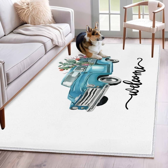 Summer Cactus Area Rugs 3'x5', Washable Small Throw Rugs for Living Room Bedroom, Country Blue Truck Botanical Tropical Plants Indoor Outdoor Rug Non-Slip Low Pile Carpet Runner Reversible Floor Mats
