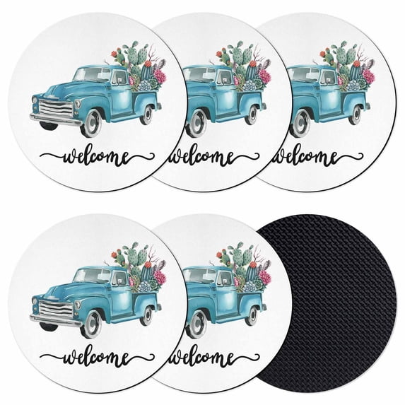 Summer Cactus Coasters Set of 6, Absorbent Coasters for Drinks, Country Blue Truck Botanical Tropical Plants Coaster for Desk Coffee Table Protection, Home Decor House Warming Gifts 4"