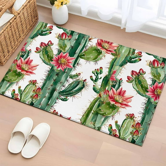 Summer Cactus Floral Bathroom Rug Washable 2x3 Entryway Rug Non Slip Watercolor Red Flower Plant Front Door Mat Low Pile Indoor Doormat Throw Floor Carpet for Kitchen Bedroom Entrance