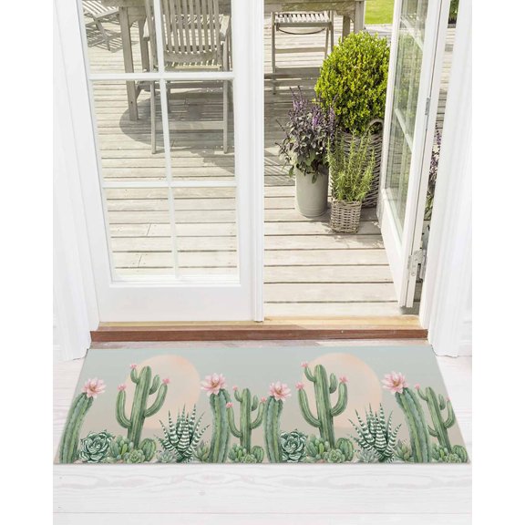 Summer Cactus Front Door Mat Pink Flower Tropical Plants Sunset Watercolor Welcome Doormat Indoor Outdoor Entrance Floor Mat Non-Slip Washable Runner Rug for Front Porch Decor 18x60 Inch