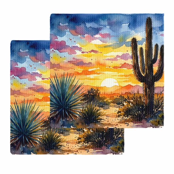 Summer Cactus Kitchen Dish Towels for Drying Dishes Set of 2, Sunset Horizon Vibrant Landscape Art Waffle Weave Microfiber Hand Tea Bathroom Towels Quick Dry & Absorbent Towel 12x12