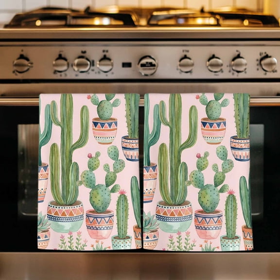 Summer Cactus Kitchen Towels Set of 1, Pink Tropical Pots Succulents Plants Absorbent Dish Towels for Kitchen, Microfiber Hand Towel, Quick Drying Tea Towel for Cleaning Decorative Dishcloths