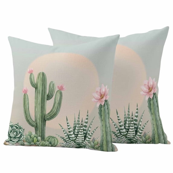 Summer Cactus Outdoor Pillow Covers Pack of 2 Pink Flower Tropical Plants Sunset Watercolor Waterproof Throw Pillow Covers Decorative Cushion Cases for Patio Garden Tent Balcony Couch 26x26 inch
