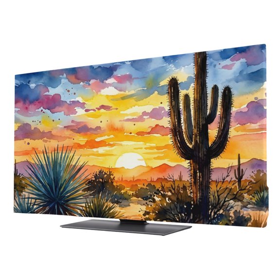 Summer Cactus TV Cover for 24 Inch Screen, Stretch Fabric Dustproof TV Display Protector, Sunset Horizon Vibrant Landscape Art Elastic Slipcover Monitor Cover for Indoor Desktop Computer 20.9"x11.8"
