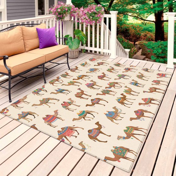 Summer Camels Outdoor Rug 3x5 Ft, Non Slip Washable Area Rug, Farmhouse Retro Cartoon Desert Animals Patio Rugs Carpet Runner, Large Floor Mat for Indoor/Outdoor Deck Porch Camping