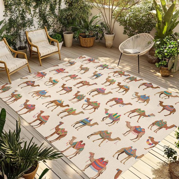 Summer Camels Outdoor Rug for Patio/Deck/Porch, Non-Slip Large Area Rug 5 x 8 Ft, Farmhouse Retro Cartoon Desert Animals Indoor Outdoor Rugs Washable Area Rugs, Reversible Camping Rug Carpet Runner