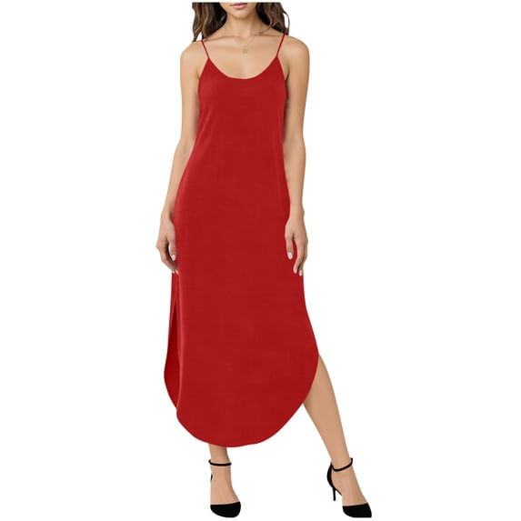 Summer Cami Dress Womens Spaghetti Strap Split Hem Long Elegant Dresses with Pocket High Low Casual Sundress Red, 2XL