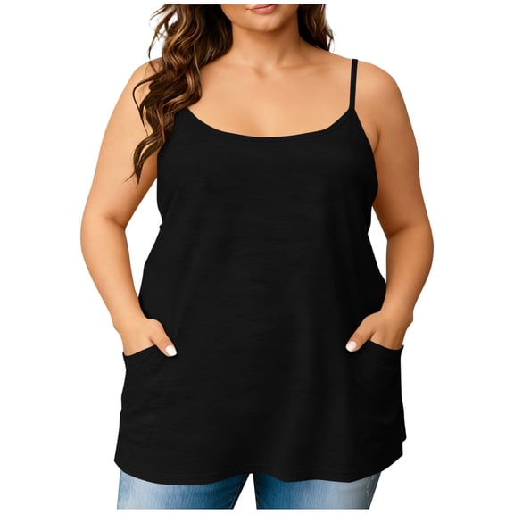 Summer Camisole Tops for Women with 2 Pockets Plus Size Spaghetti Strap Basic Tee Tanks Solid Color Tshirts (2XL, Black)