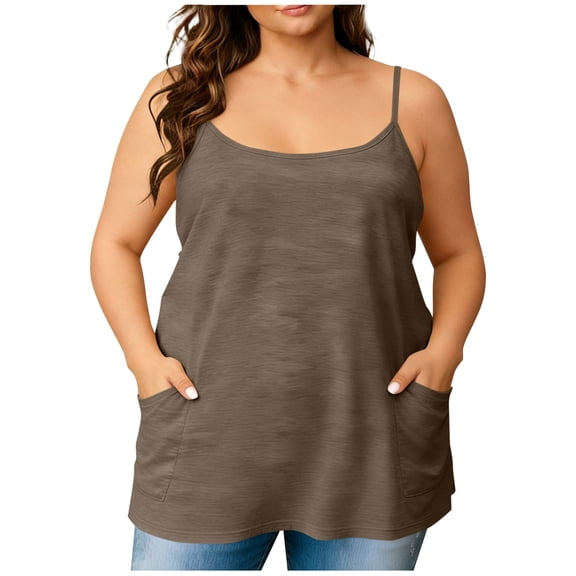 Summer Camisole Tops for Women with 2 Pockets Plus Size Spaghetti Strap Basic Tee Tanks Solid Color Tshirts (XL, Brown)