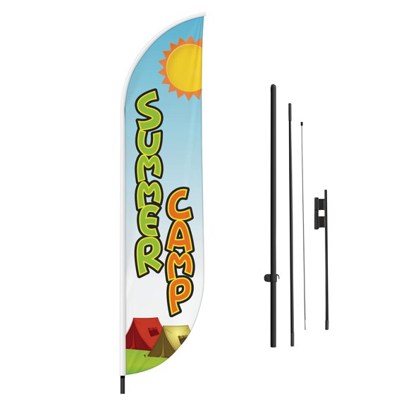 Summer Camp Feather Flag(11.5Feetx2.5Feet) By Dreamcontroller For Business Outside With Optional Add-On Pole(15Feet) and Groundspike | Custom Swooper Flag | Made In Usa