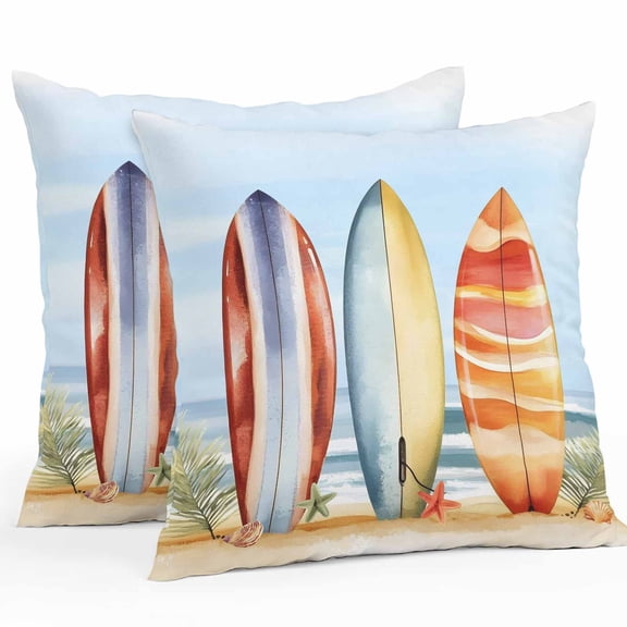 Summer Canoeing Outdoor Pillow Covers Set of 2 Watercolor Striped Waterproof Throw Pillow Case Decorative Square Cushion Cover for Patio Couch Garden Balcony, 24"x24"
