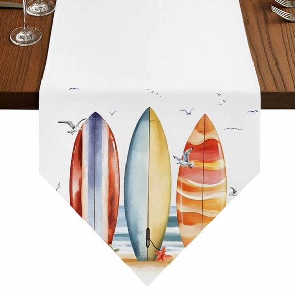 Summer Canoeing Table Runner for Dining Room, Watercolor Striped Cotton Linen Dining Table Runner Tablecloth Dresser Scarves for Kitchen Cafe 13x36 Inches Long