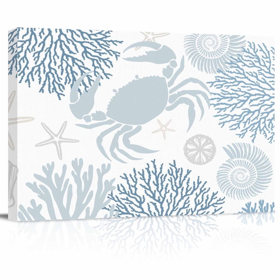Summer Canvas Print Wall Art Blue Grey Crab Coral Seashell Nautical Coastal Ocean Pictures Painting Morden Artwork for Living Room Bedroom, Ready to Hang - 12"x16"