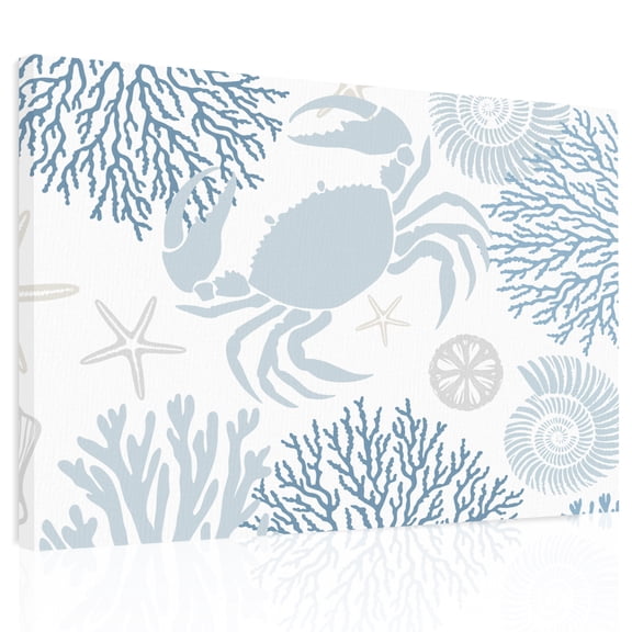 Summer Canvas Print Wall Art, Blue Grey Crab Coral Seashell Nautical Coastal Ocean Wall Decor Modern Artwork Paintings Pictures for Living Room Framed and Stretched Ready to Hang, 24" x 32"